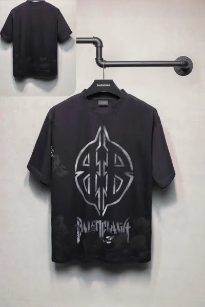 Balenciaga Logo Graphic Distressed Black T-Shirt - 1