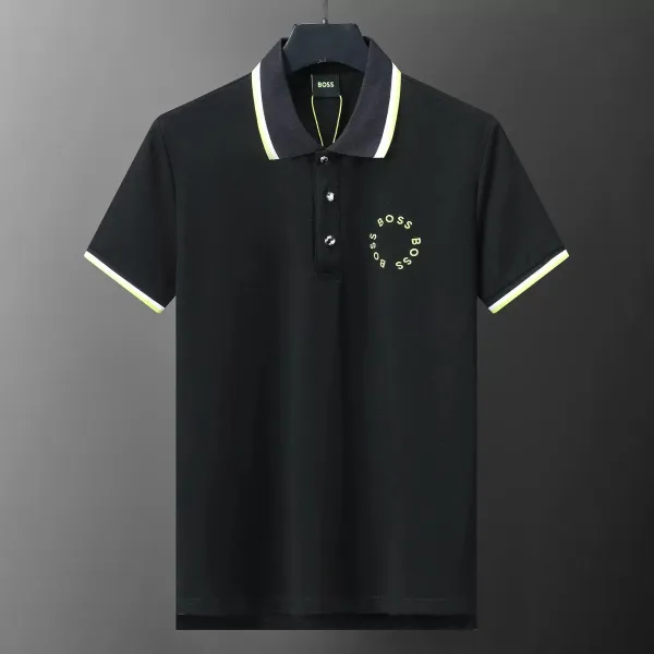 Hugo Boss Logo Circle Polo Shirt Black with Neon Yellow Trim - 1
