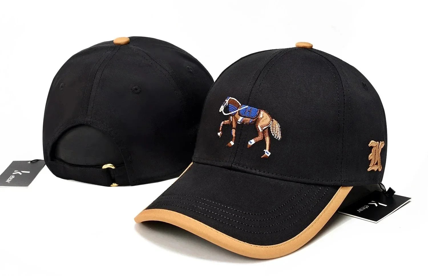 Ketav Horse Embroidery White Baseball Cap with Tan Brim - 11