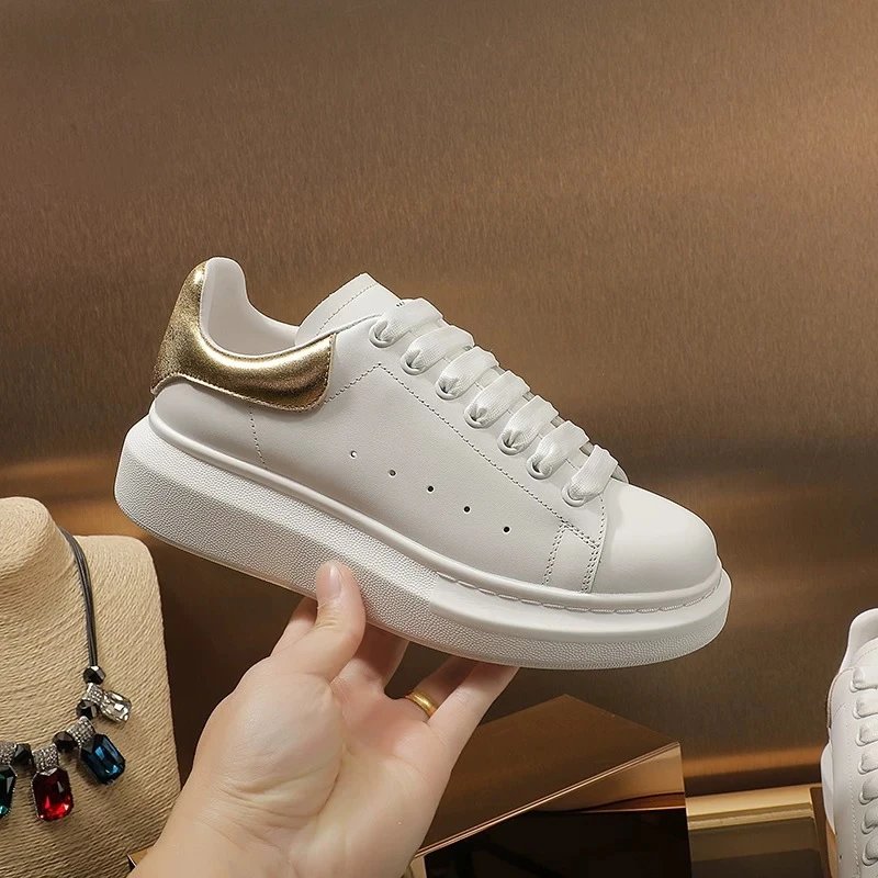 Alexander McQueen Oversized Sole White Sneakers with Gold Heel Tab - 1
