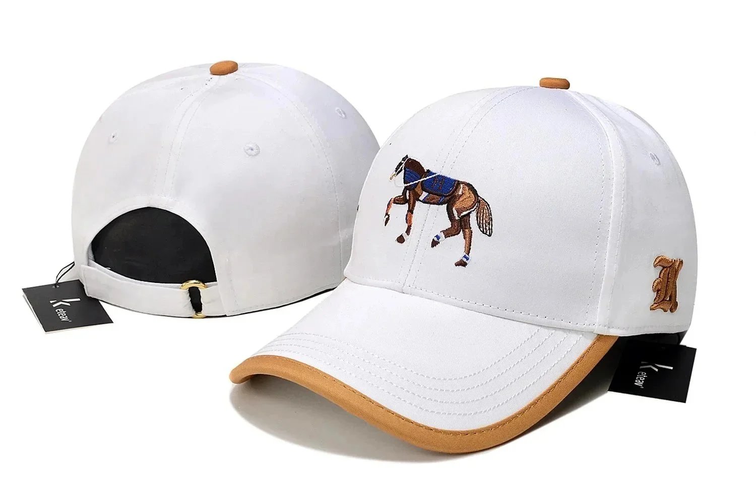 Ketav Horse Embroidery White Baseball Cap with Tan Brim - 1