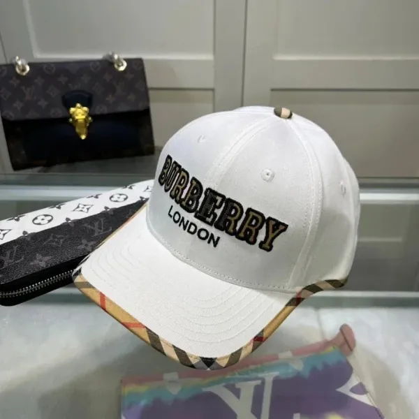 Burberry Logo Embroidered White Baseball Cap with Classic Check Brim - 1