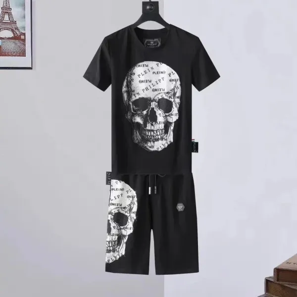 Philipp Plein Skull Print Black T-Shirt and Shorts Set - 1