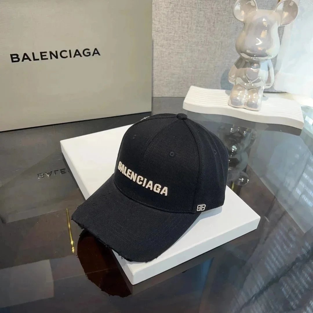 Balenciaga Logo Embroidered Distressed Black Baseball Cap - 1