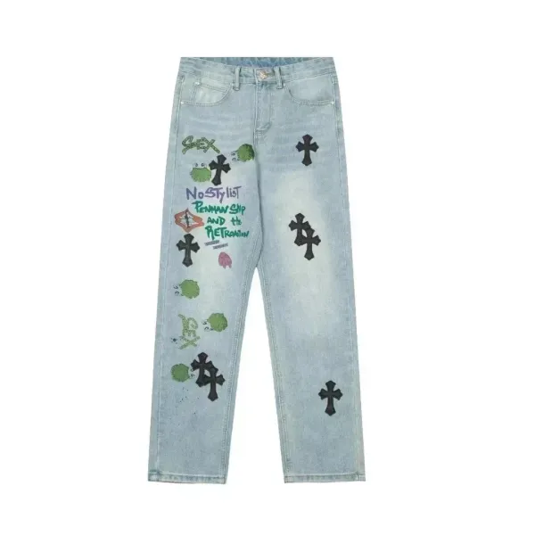 Gallery Dept. Cross-Embroidered Distressed Beige Jeans - 11