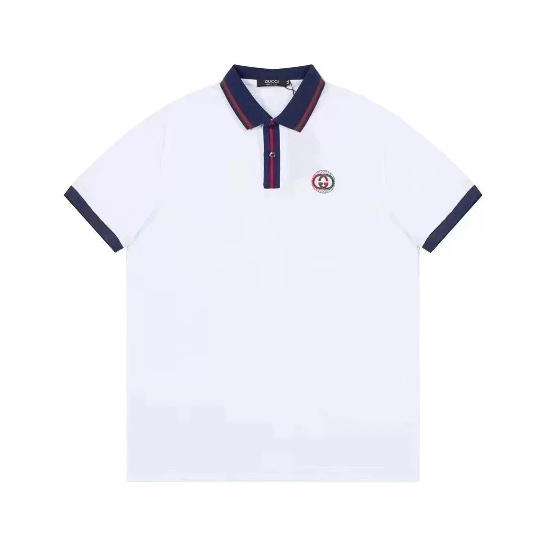 Gucci GG Patch Polo Shirt White with Navy Trim - 1