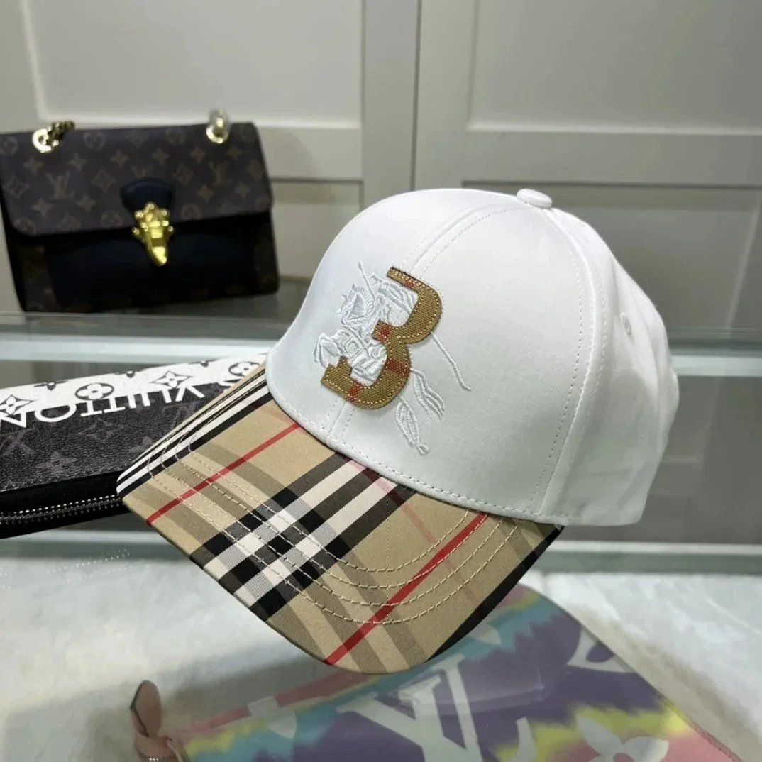 Burberry Equestrian Knight 'B' Logo Baseball Cap White with Classic Check Brim - 1