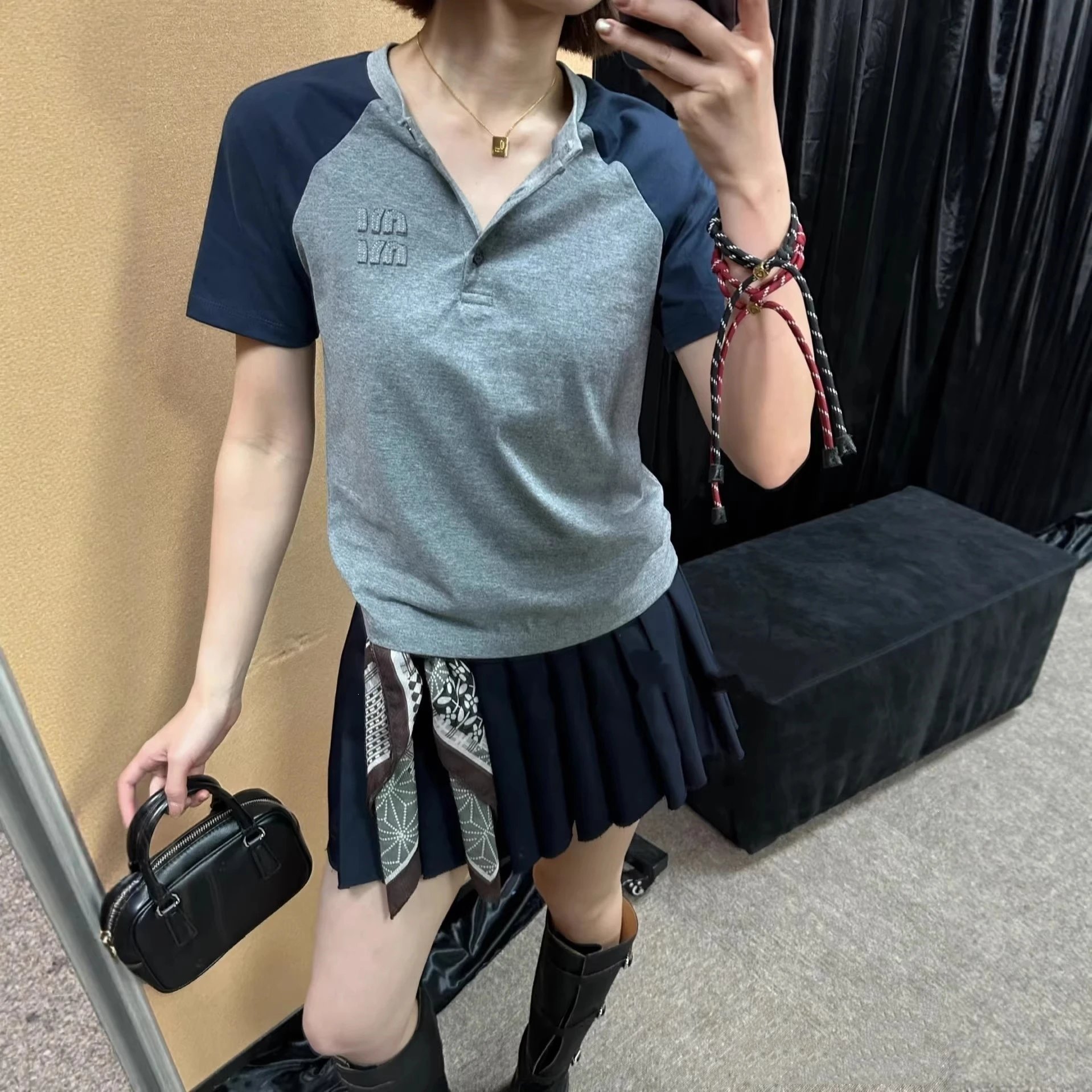 Miu Miu Color Block Button Short Sleeve T-Shirt