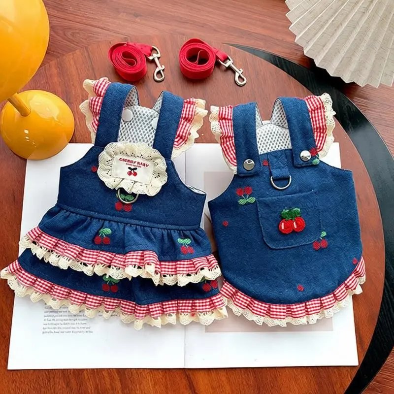 Denim Cherry Overalls Dog Dress