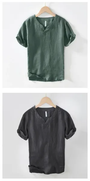 Maison Margiela Linen V-Neck Short Sleeve Top - 15
