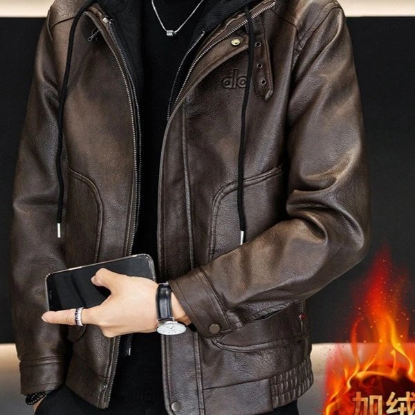 Men's Fleece Lined Detachable Hood Leather Jacket