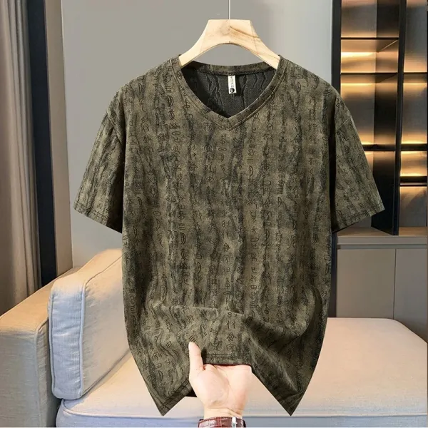 Unbranded V-Neck Textured Print T-Shirt in Olive Green, Gray, and Black - 2