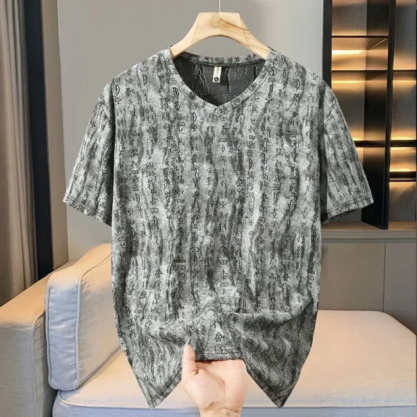 Unbranded V-Neck Textured Print T-Shirt in Olive Green, Gray, and Black - 5