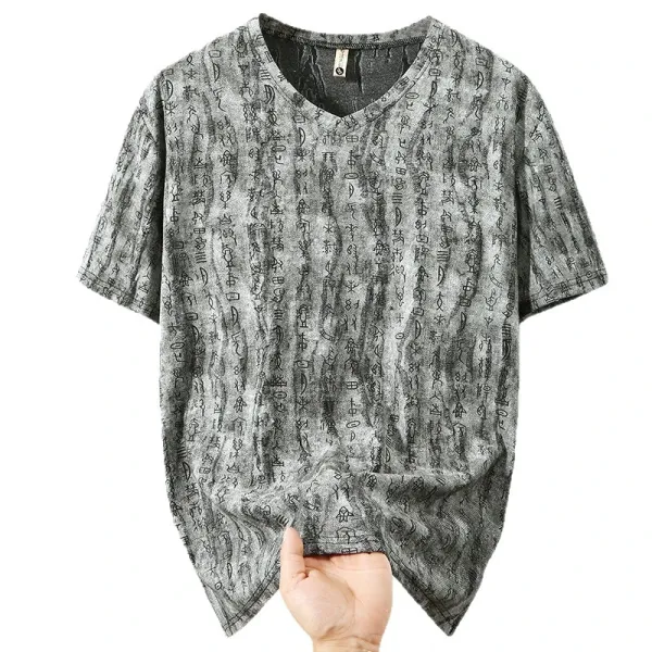 Unbranded V-Neck Textured Print T-Shirt in Olive Green, Gray, and Black - 8