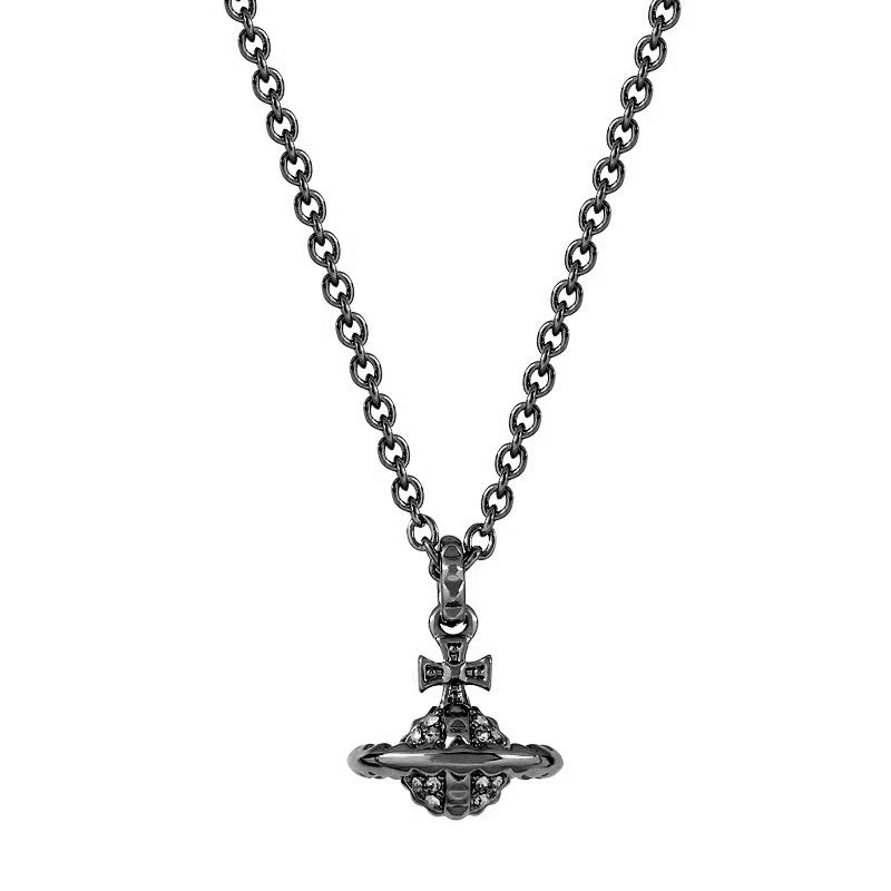 Black Rhodium Plated Saturn Pendant Necklace with Cross Charm - 136510