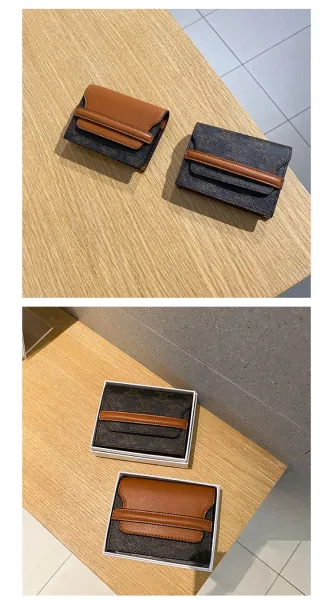 Design Compact Bifold Wallet Tan and Black Textured Leather Short Wallet - 2