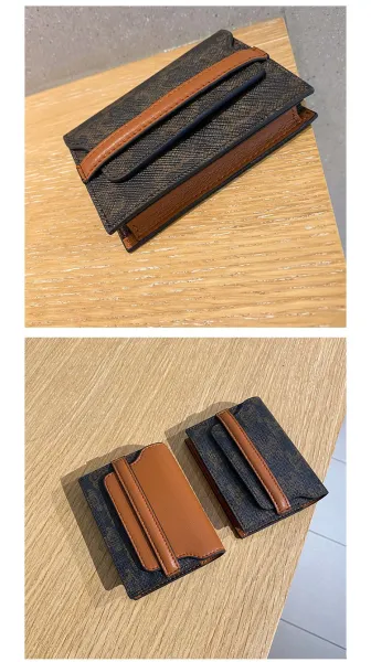 Design Compact Bifold Wallet Tan and Black Textured Leather Short Wallet - 7