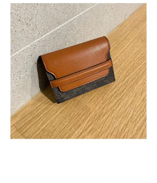 Design Compact Bifold Wallet Tan and Black Textured Leather Short Wallet - 9