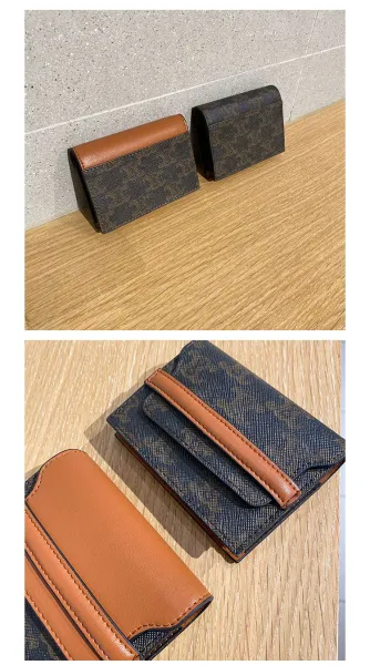 Design Compact Bifold Wallet Tan and Black Textured Leather Short Wallet - 5