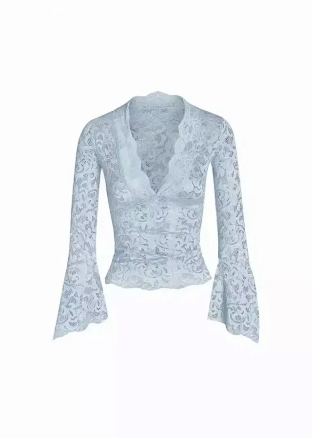 Unbranded Shirts Sheer lace V-neck top with flared sleeves product detail image 9