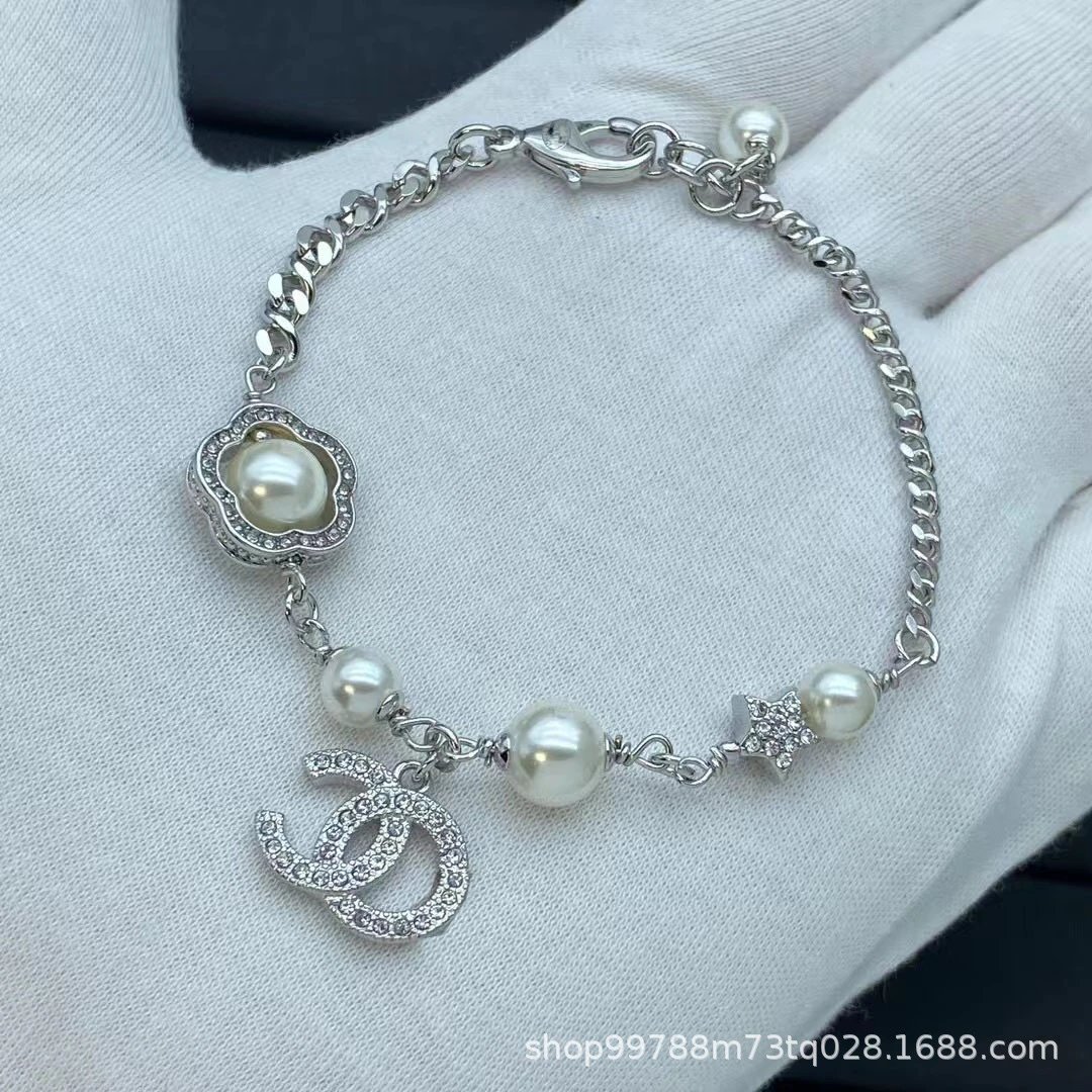 Chanel CC Logo Pearl Charm Bracelet Silver Jewelry - 8