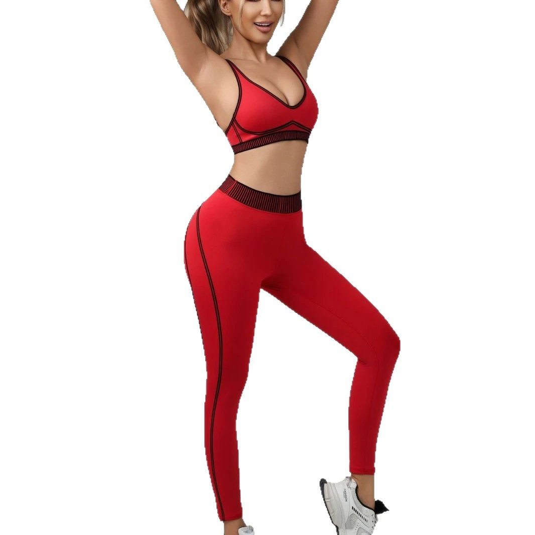 Unbranded Matching Sets Sports bra and high-waisted leggings set with contrast piping ribbed waistband image 5