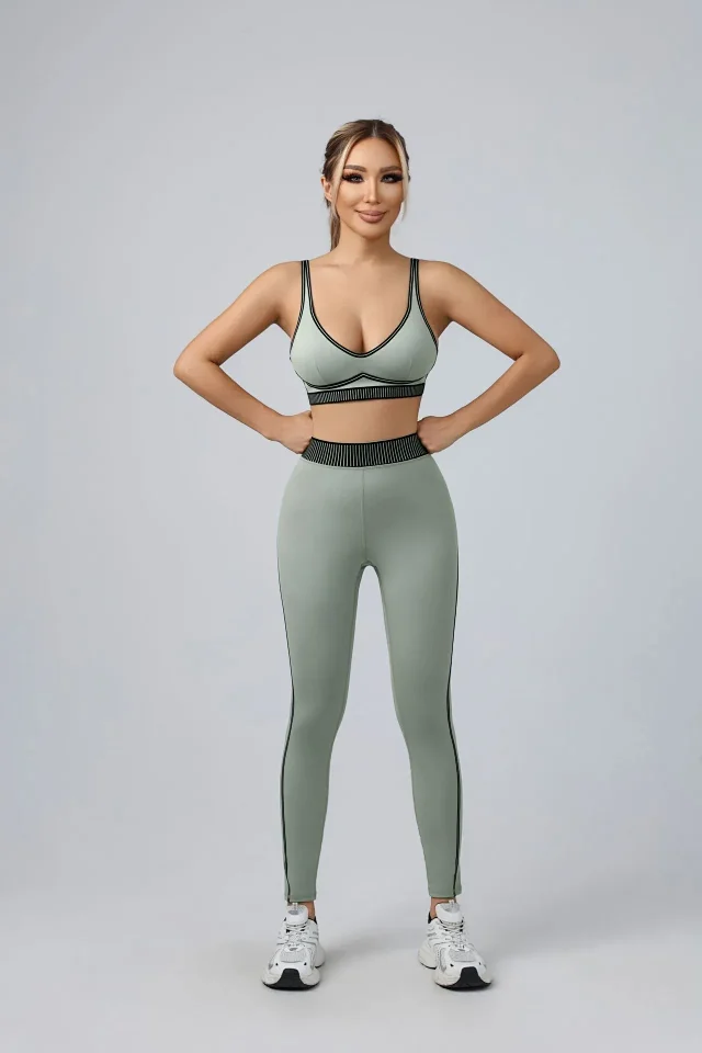 Unbranded Matching Sets Sports bra and high-waisted leggings set with contrast piping ribbed waistband product detail image 25