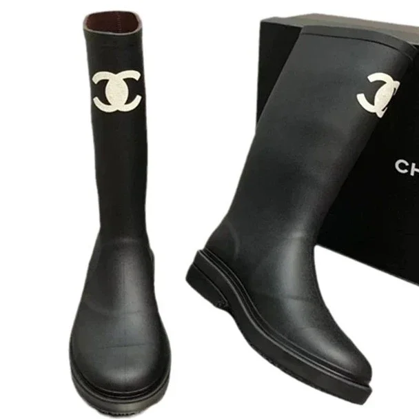 Boots Rider Black Women's Mid-Length Boots Thick-soled Small Rubber Antique Fragrant High Rain Boots Fashionable *No quality issues, no returns without reason