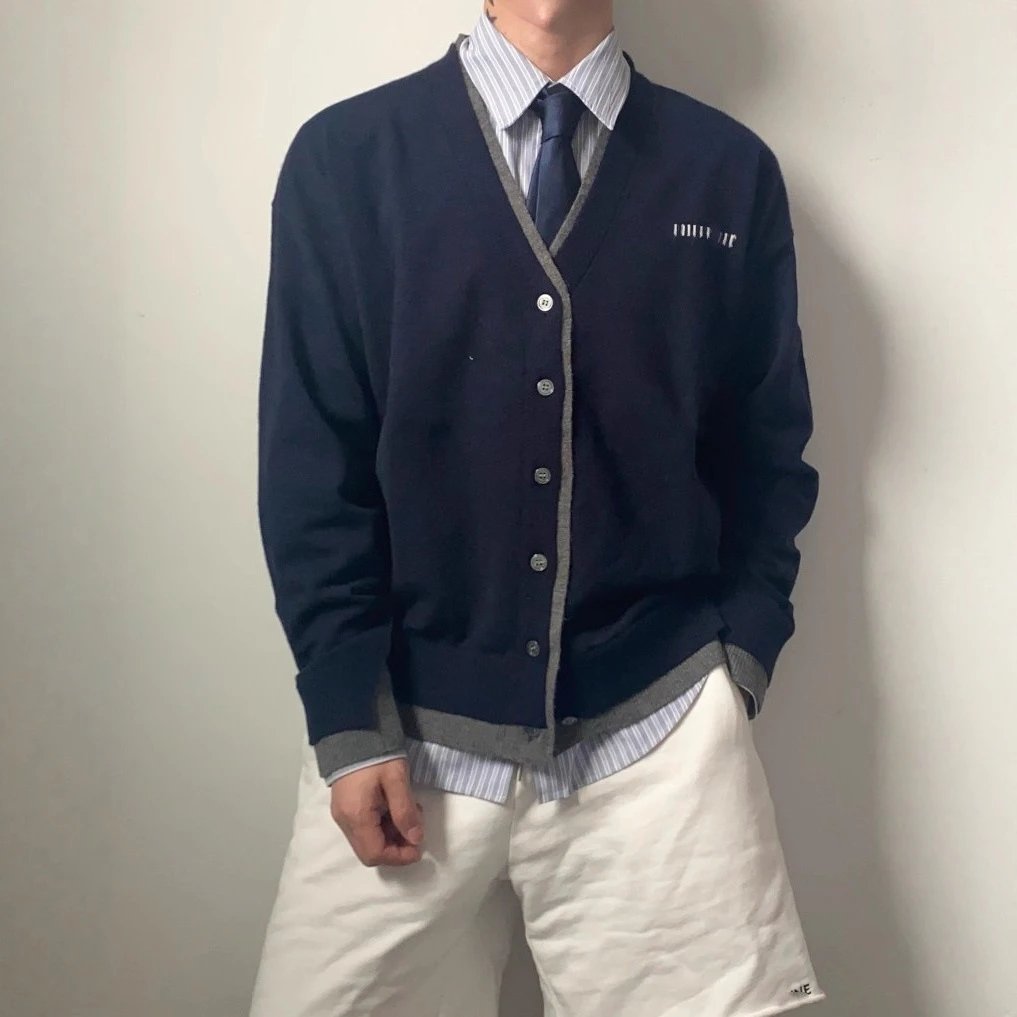 Navy V-Neck Cardigan with Cont