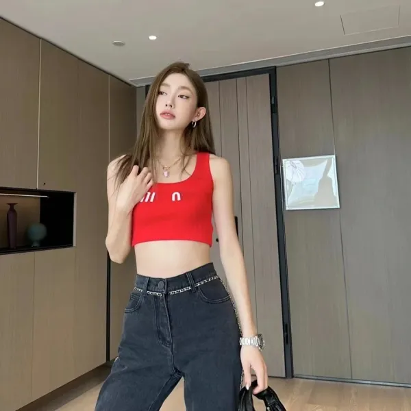 Miu Miu Ribbed Crop Top Red Vest Top - 12