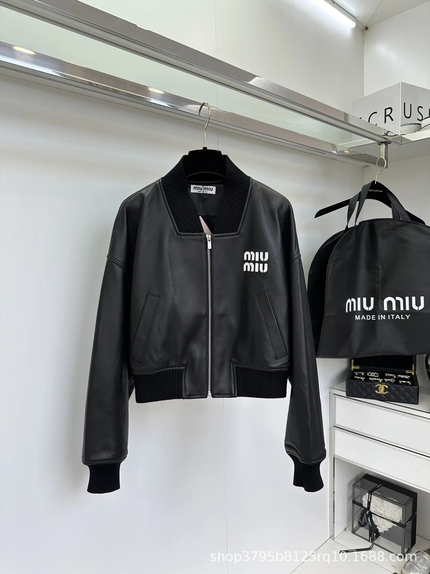 Miu Miu Logo-Embellished Black Leather Bomber Jacket - 3