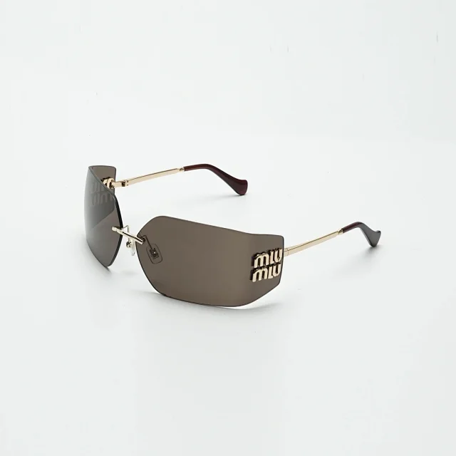 Miu Eyewear Rimless shield sunglasses with gold logo plaques product detail image 3