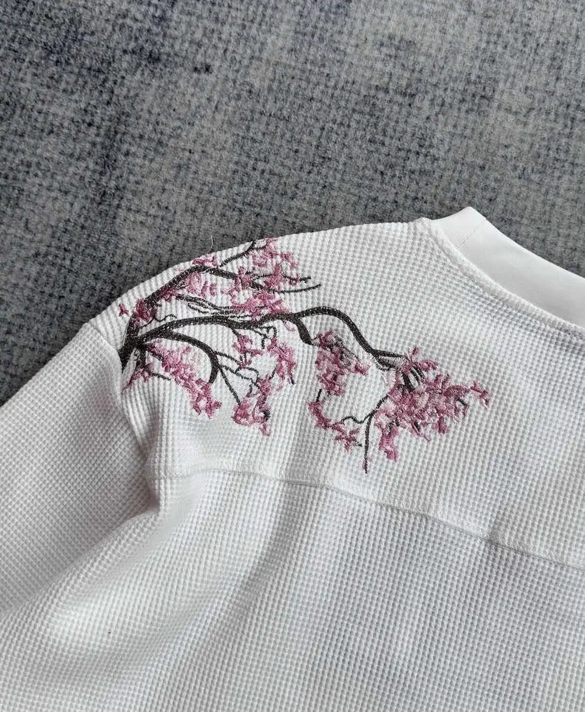 White Waffle-Knit Sweater with Cherry Blossom Embroidery - 5