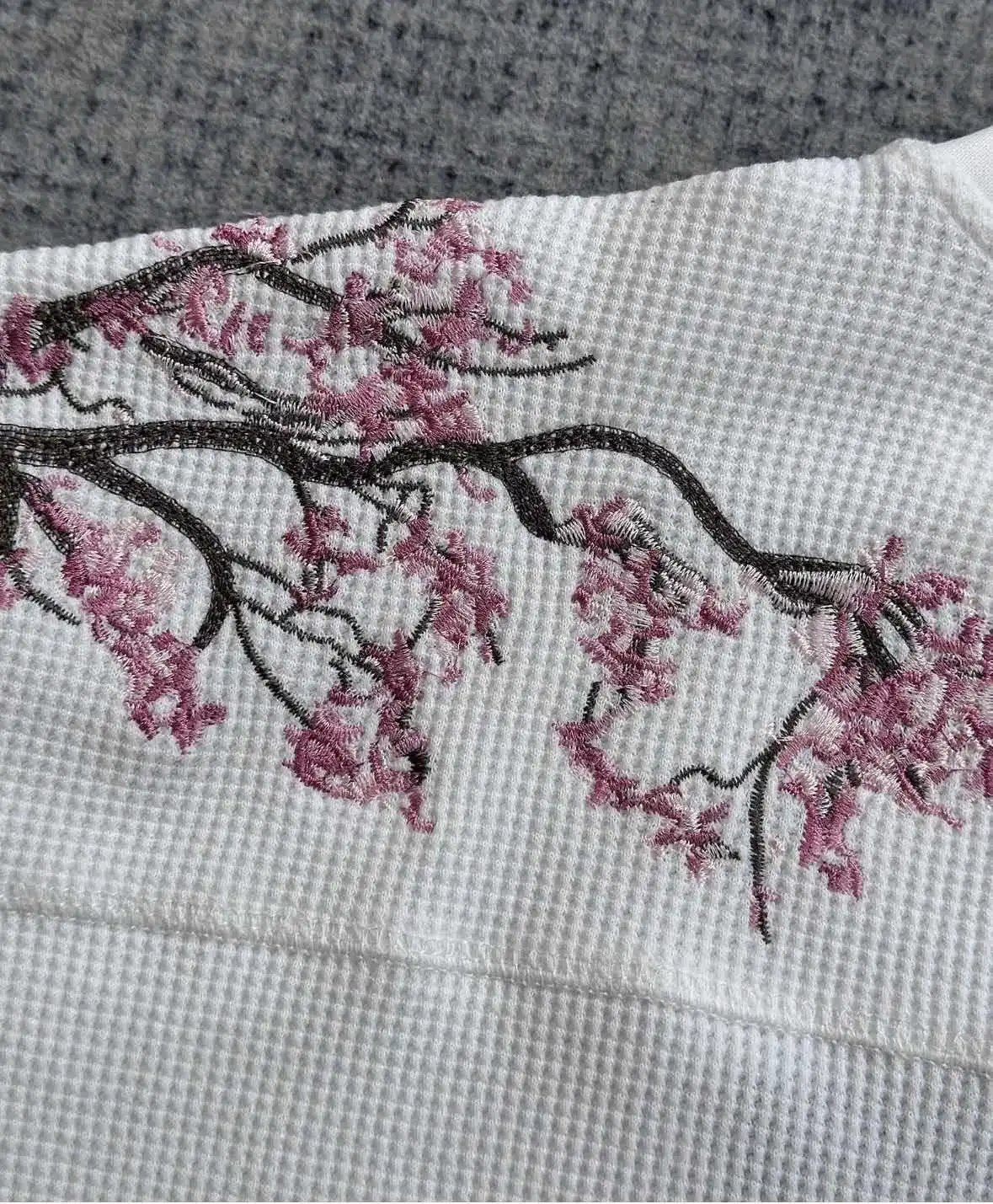 White Waffle-Knit Sweater with Cherry Blossom Embroidery - 6