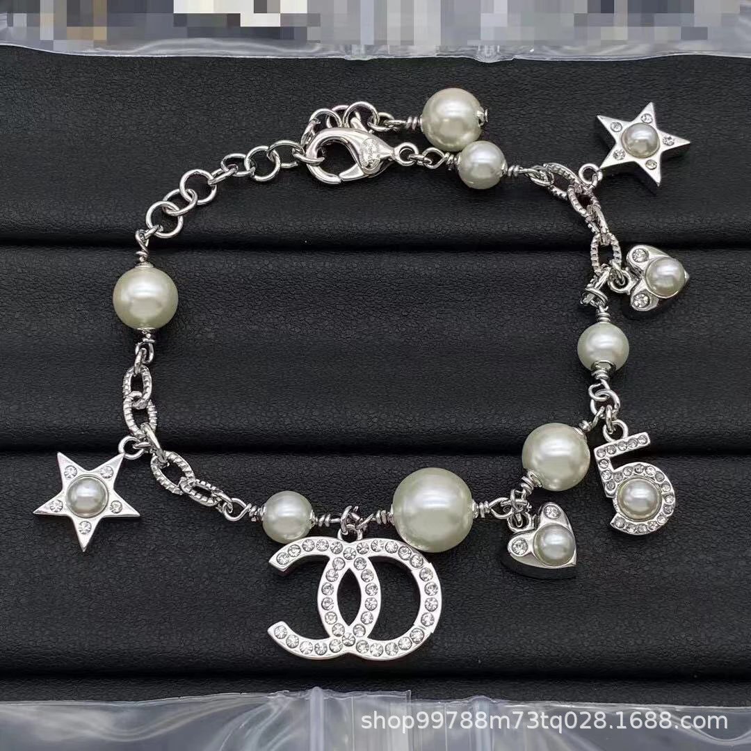 Chanel CC Logo Pearl Charm Bracelet Silver Jewelry - 3