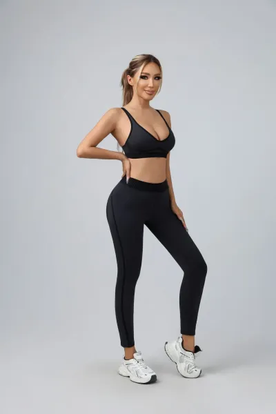 Design Black V-Neck Sports Bra and High-Waisted Leggings Set Activewear - 1