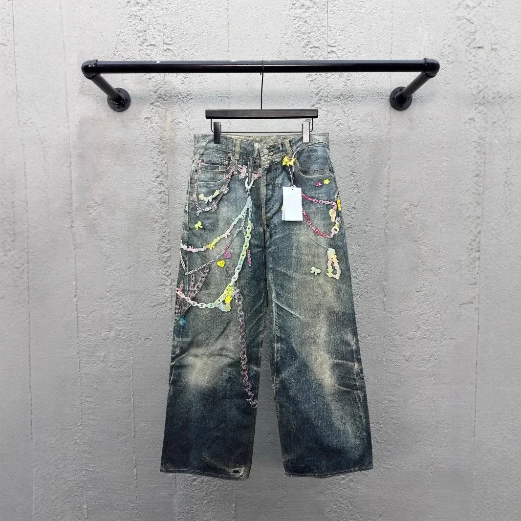 199625 men's and women's retro jeans high-speed rail chain early spring ac new version street printi