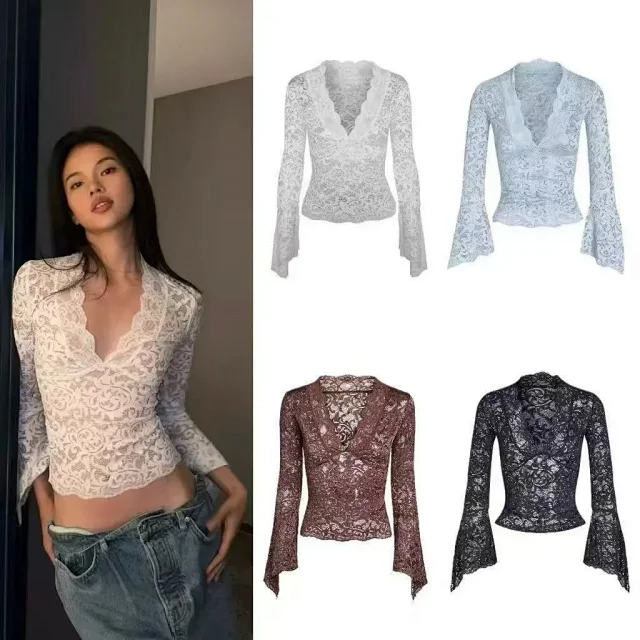 Unbranded Shirts Sheer lace V-neck top with flared sleeves product detail image 1