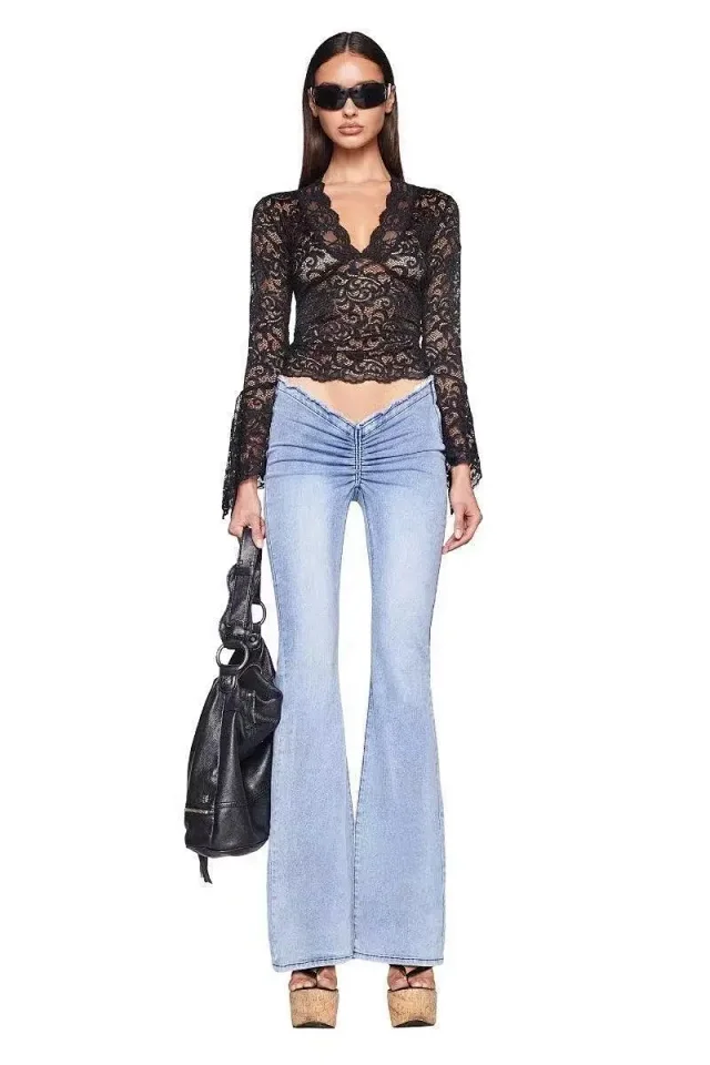 Unbranded Shirts Sheer lace V-neck top with flared sleeves product detail image 5