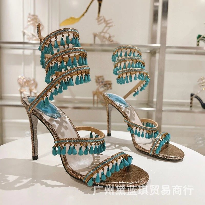 婚鞋宴会礼仪钻真丝跟凉鞋水晶蛇形西米亚风高仙女吊坠烫波缠绕无质量问题不可无理由退货 2