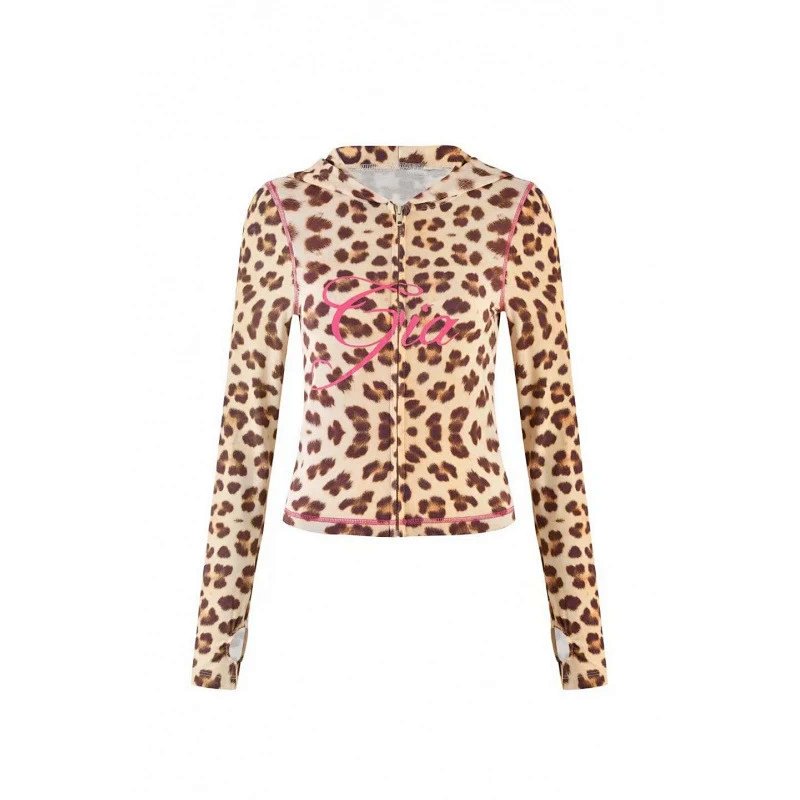 Gia Leopard Print Zip-Up Hoodie Beige Multicolor