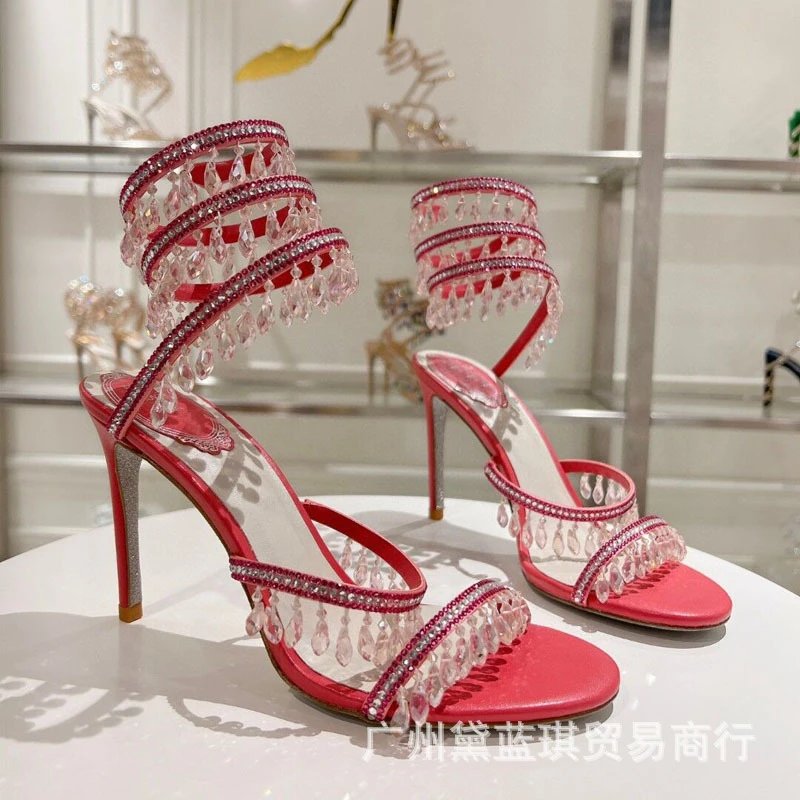 婚鞋宴会礼仪钻真丝跟凉鞋水晶蛇形西米亚风高仙女吊坠烫波缠绕无质量问题不可无理由退货 3