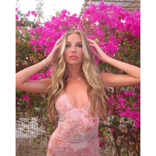 Design Floral Print Pink Lace Trim Dress - 1