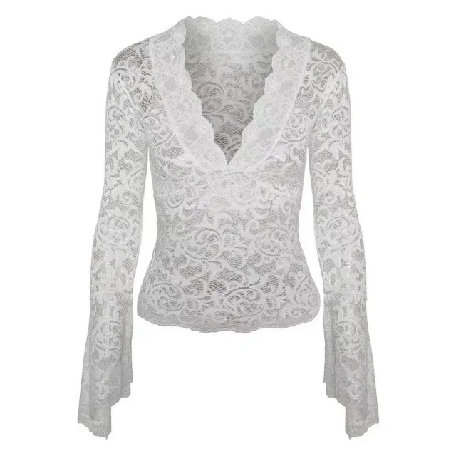 Unbranded Shirts Sheer lace V-neck top with flared sleeves product detail image 6