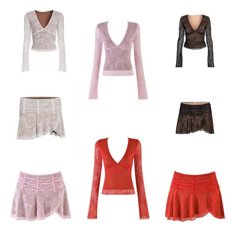 V-Neck Lace Top/Skirt Set [8 s