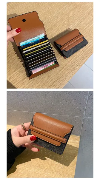 Design Compact Bifold Wallet Tan and Black Textured Leather Short Wallet - 3