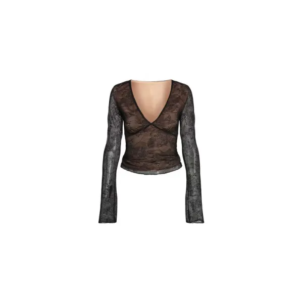 Design Lace Long Sleeve Crop Top Black - 1