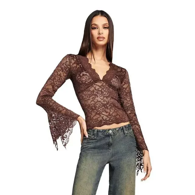 Unbranded Shirts Sheer lace V-neck top with flared sleeves product detail image 4