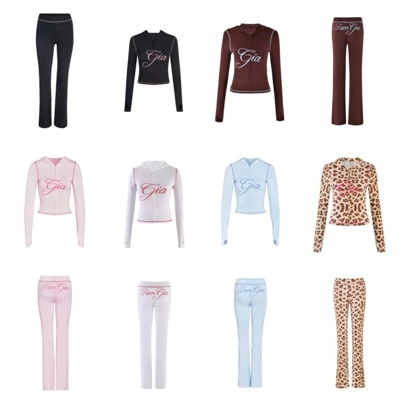 Letter printed zipper short jacket slim fit set with visible thread design, slim fit hooded pants on the shoulder, iamgia * no quality issues, cannot be returned without reason