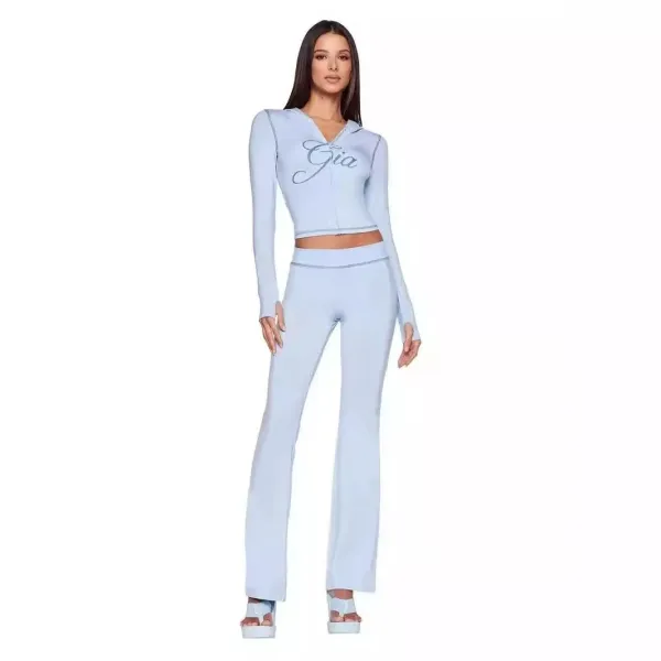 Design Jam Gia Logo Embroidered Light Blue Flared Pants - 3